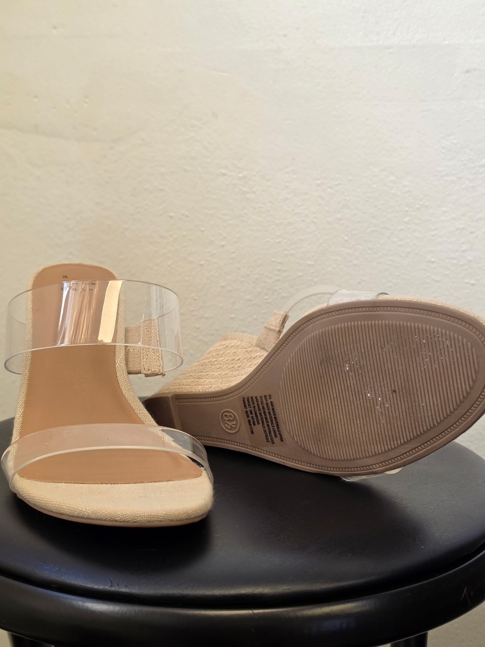 Clear Strap Beige Block Heel Sandals